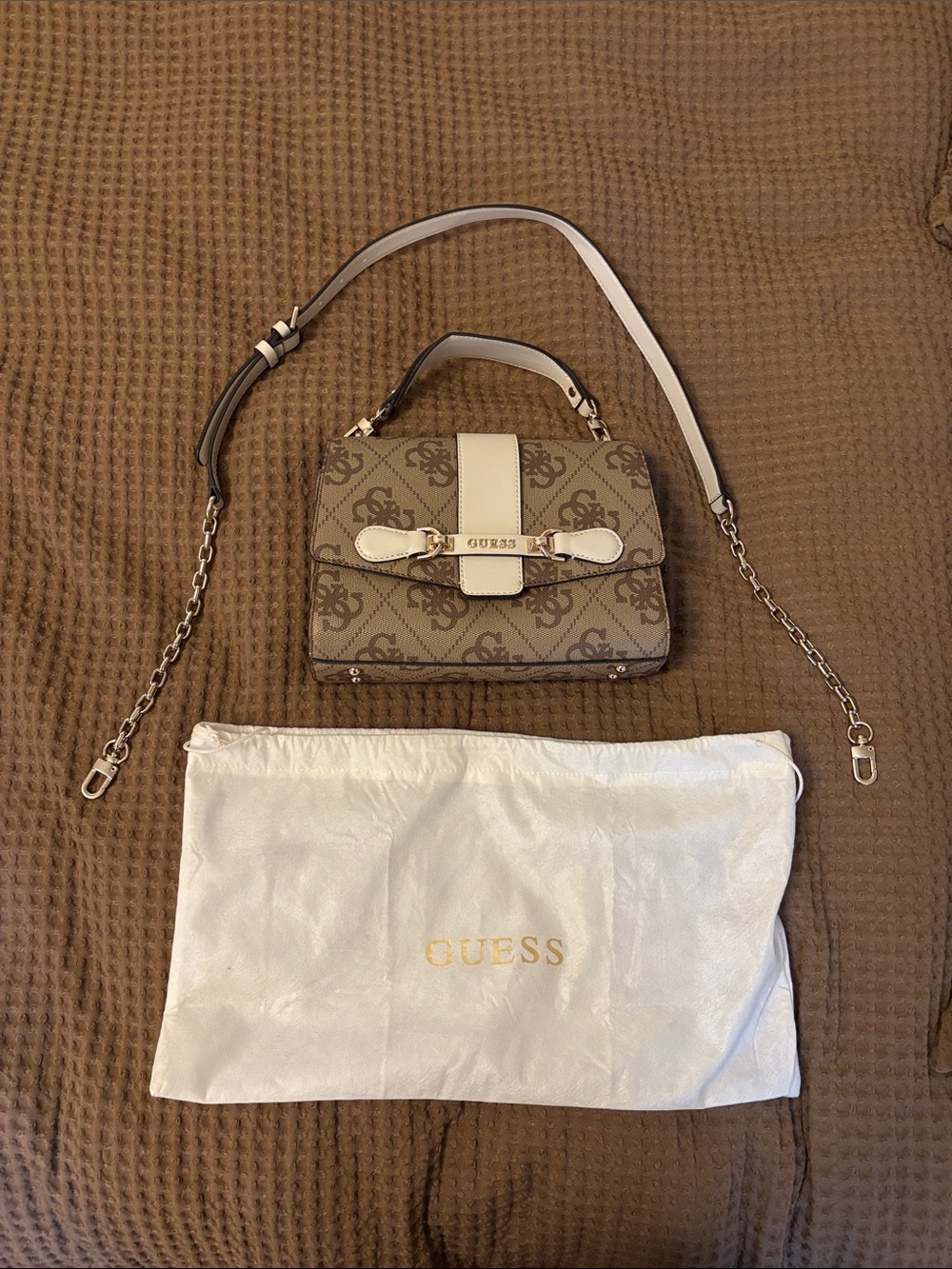 GUESS Brown and Cream Monogram Mini Top-Handle Crossbody